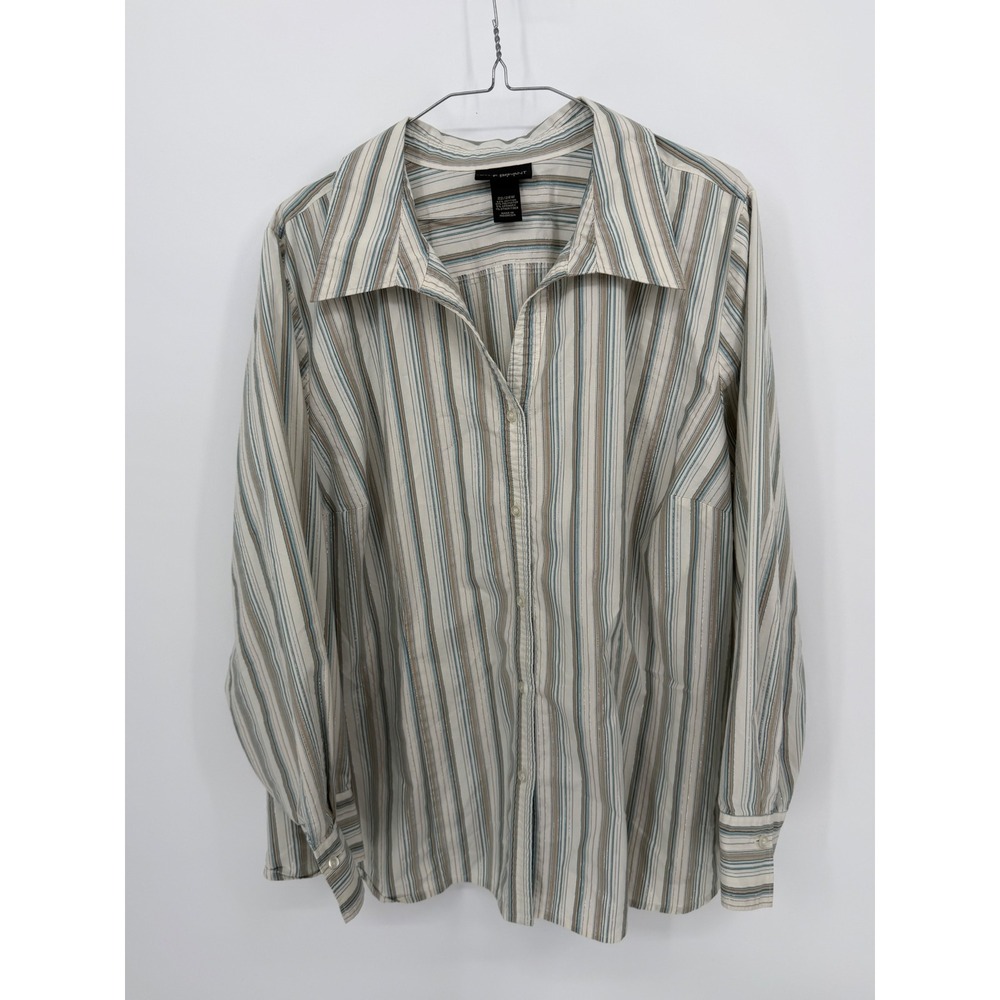 Lane Bryant Womens Button Down Shirt Metallic Stripe White Blue 22/24W